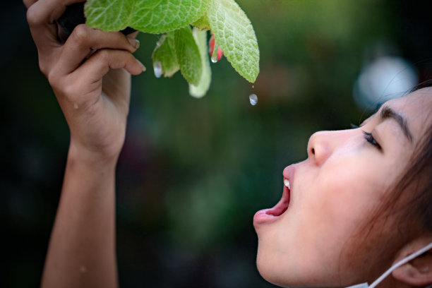 女人张开嘴，等着叶子上的水滴出来，以为水就是生命图片下载