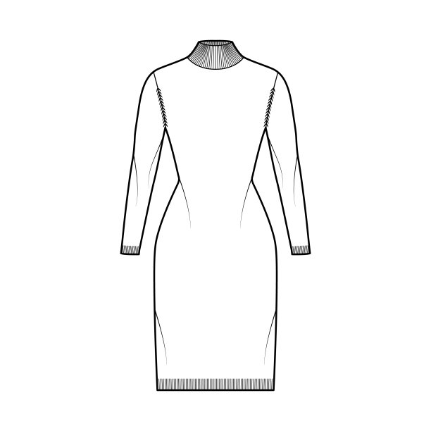 高领连衣裙毛衣技术时尚插图与长袖，合身的身体，膝盖长度，针织装饰图片下载