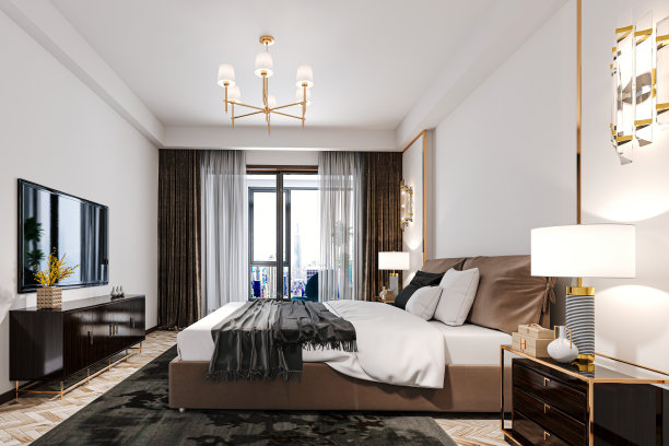 美丽的卧室与吊灯的3d渲染图片下载