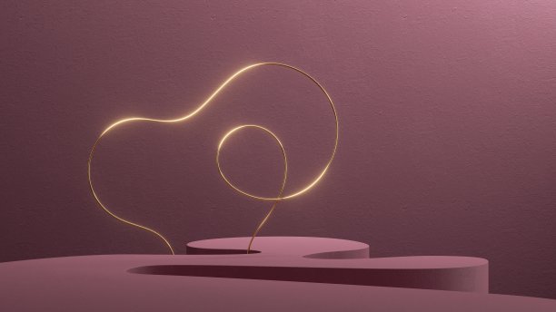 3d渲染，抽象单色粉色背景。现代简约的展示场景与弯曲的黄金线和优质产品展示平台图片下载