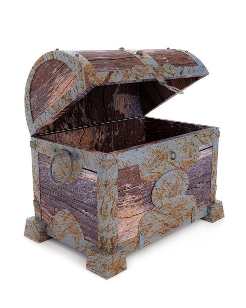 破旧的海盗宝藏箱。烂和破碎。用于贵重物品的储存由裂木和锈迹斑斑的金属纹理制成隔离在白色背景和壁纸上。3 d渲染。图片下载