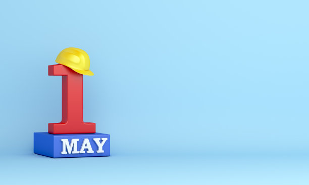 劳动节快乐或五一节装饰背景用5月1日和安全帽施工头盔，复制空间，3D渲染插图图片下载