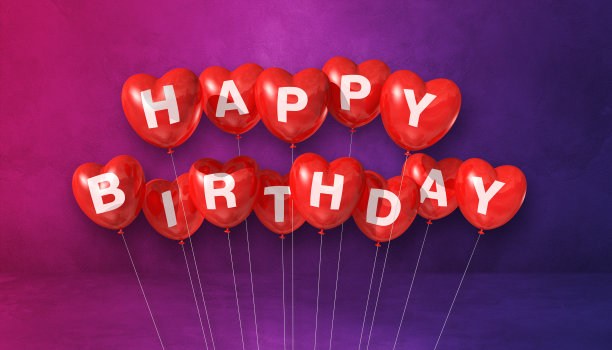 红色生日心形气球在紫色的背景上。水平的旗帜图片下载