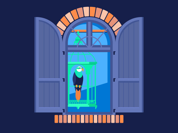 有紫色百叶窗和鹦鹉的窗户图片下载