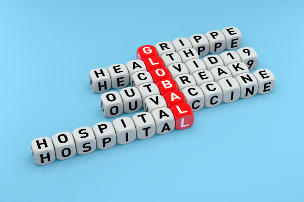 全球流行的填字游戏概念在蓝色的背景。3d渲染图片下载