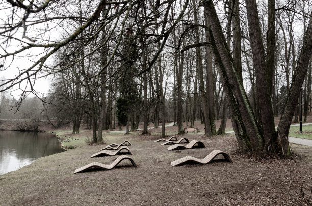 十一月阴雨阴沉的早晨，城市公园里空荡荡的躺椅。图片下载