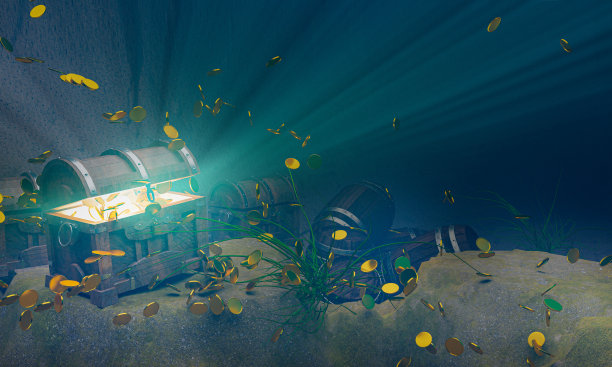 用金质金属和金别针加固的金币和古董宝箱放在洞穴的沙子上。财宝被海盗藏起来了。三维渲染图片下载