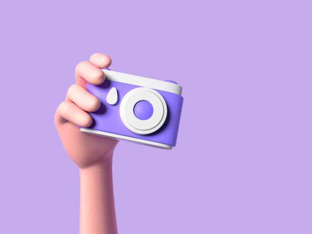 卡通手握照片相机在紫色的背景与复制空间。3 d渲染图图片下载