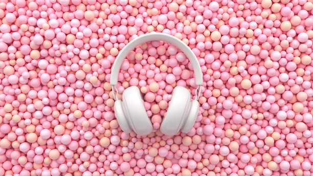 软粉色球上的白色耳机。简约音乐平面布局概念。广告纳德的想法。三维渲染图片下载