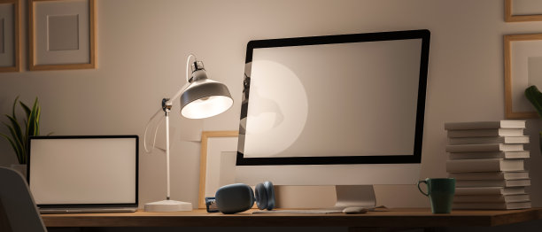 3D渲染，最小的工作空间模拟桌面电脑，笔记本电脑和文具图片下载