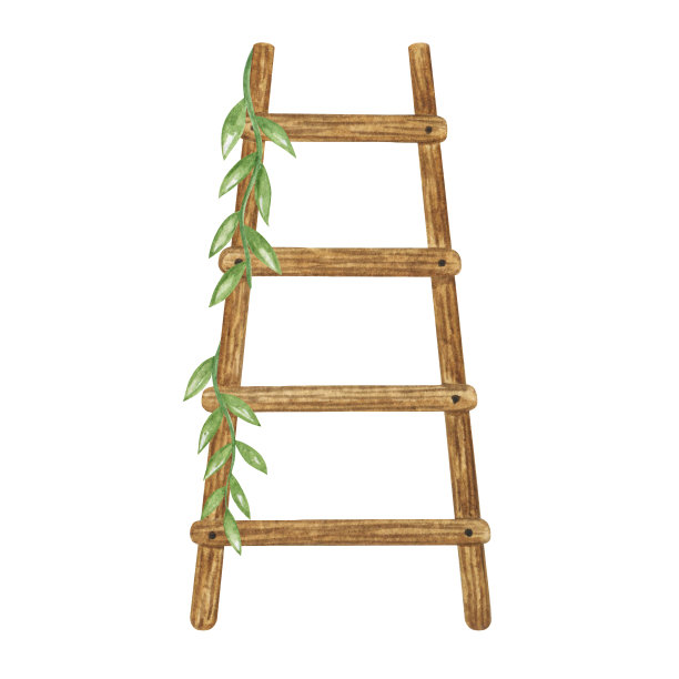 园艺工具手绘水彩插图，木楼梯隔离，园艺设备剪纸水彩图片下载