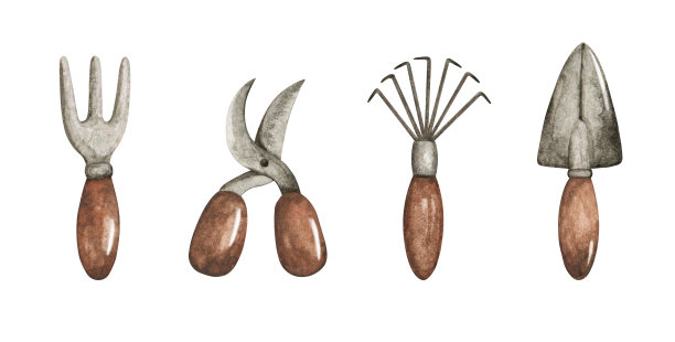 园林工具手绘水彩插图，一套园林项目，园林设备图片下载