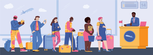 带行李的旅客排队到登记服务台a图片下载