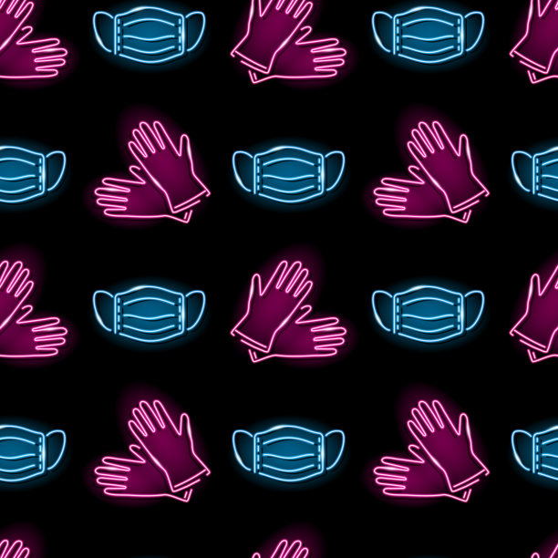 无缝模式与霓虹灯医疗手套和外科口罩图标上的黑色背景。医学、保健、保护理念。矢量10 EPS插图。图片下载