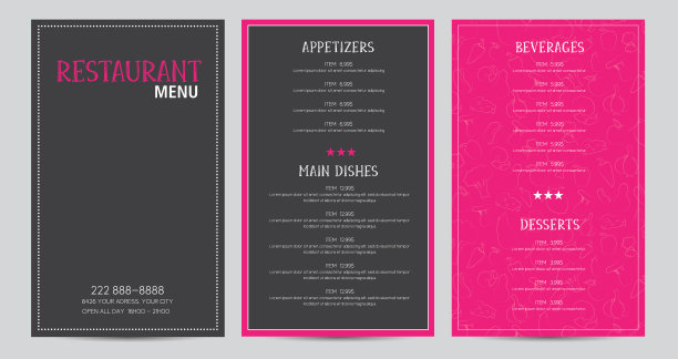 餐厅菜单传单模板设计矢量粉色和深灰色图片下载