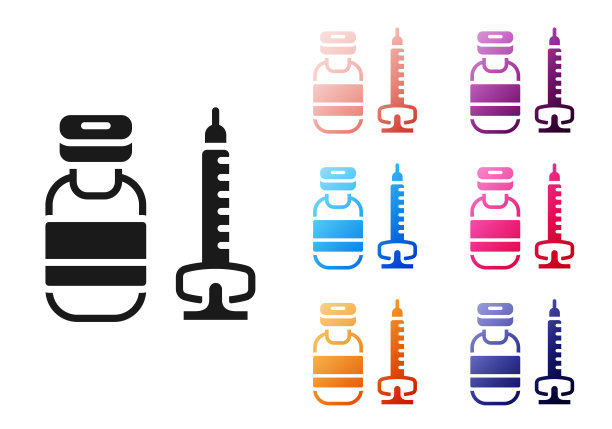 黑色医用注射器，针标孤立在白色背景上。疫苗、注射、疫苗、胰岛素概念。设置图标丰富多彩。向量图片下载