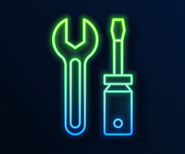 发光的霓虹灯线螺丝刀和扳手工具图标隔离在蓝色背景。服务工具的象征。向量图片下载