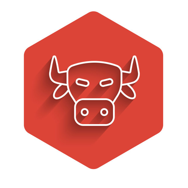 白线牛头图标孤立与长影子。红色的六角按钮。向量图片下载