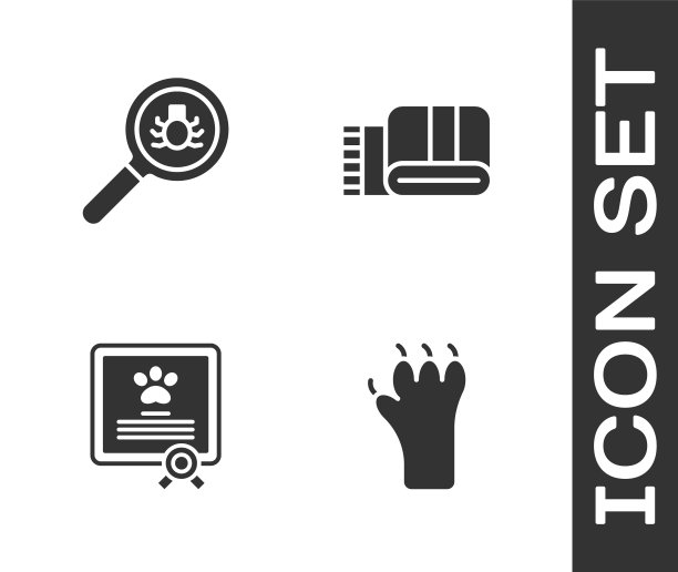 设置爪印，跳蚤搜索，证书的狗或猫和毛巾堆栈图标。向量图片下载