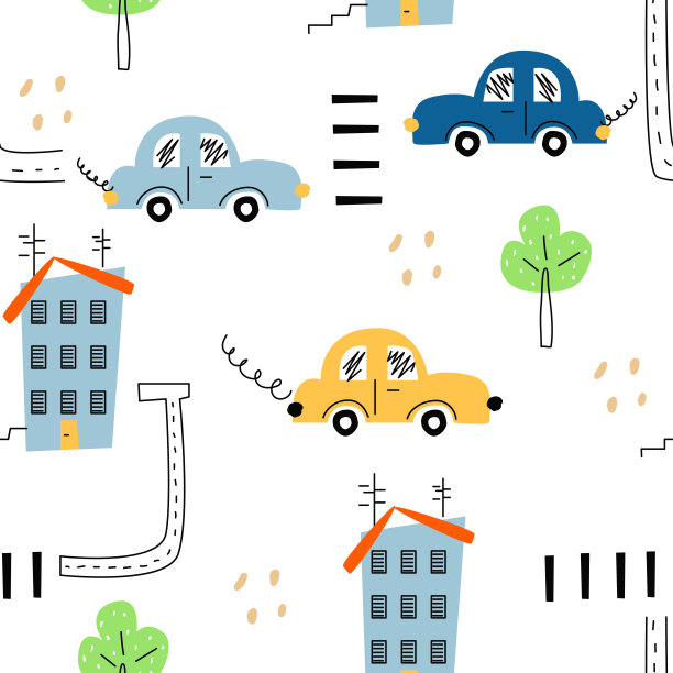 无缝卡通城市模式与房子和汽车在白色背景。矢量插图印刷织物，包装纸，服装。可爱的婴儿背景男孩图片下载