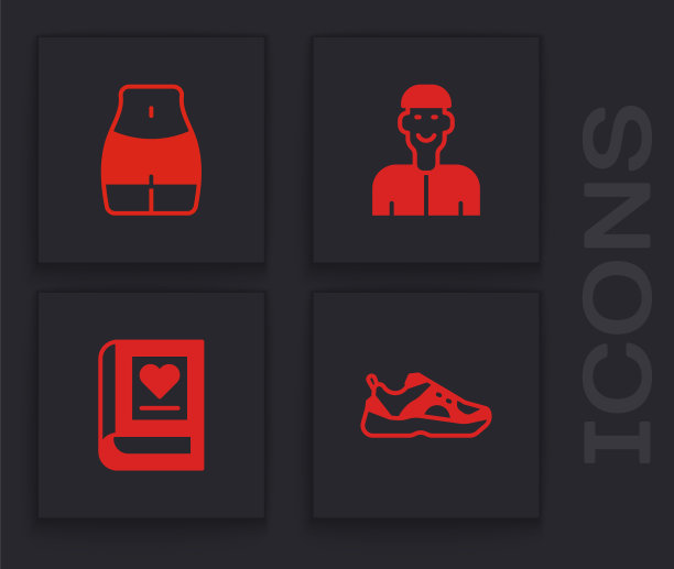 集运动运动鞋，女性腰部，积极的思考和医学书籍图标。向量图片下载