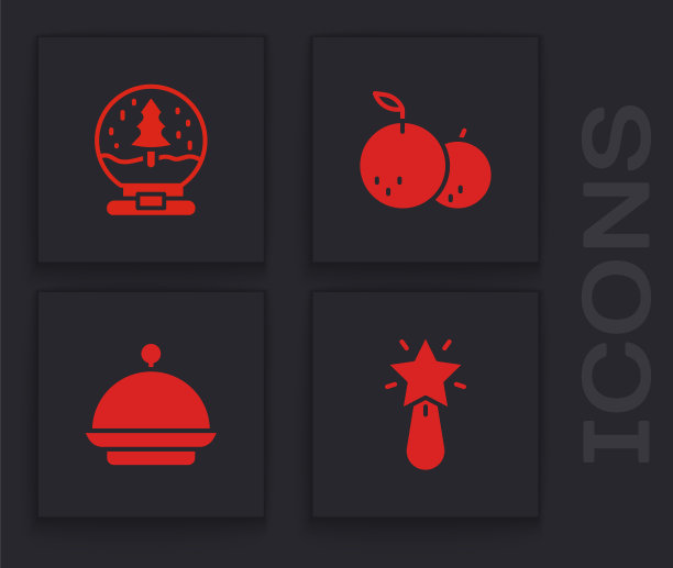 设置圣诞星，雪花玻璃球，橘红色和覆盖托盘图标。向量图片下载