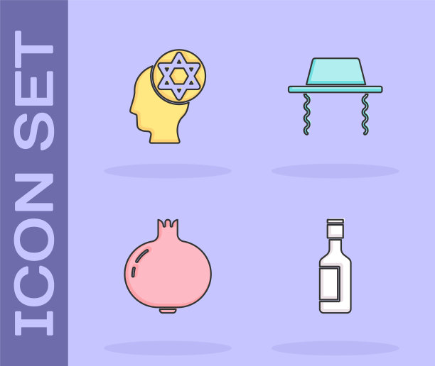设置犹太人酒瓶，正统犹太人的帽子，石榴和图标。向量图片下载
