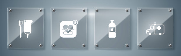 设置救护车和急救车，瓶装水，移动与心率和牙刷牙膏。方形玻璃面板。向量图片下载