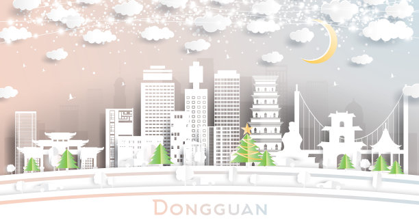 中国东莞剪纸风格的城市天际线，雪花，月亮和霓虹灯花环。图片下载