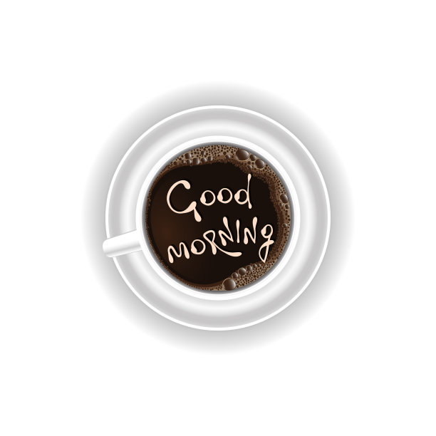 现实咖啡杯，上面刻着“早上好”。前视图。矢量插图。图片下载