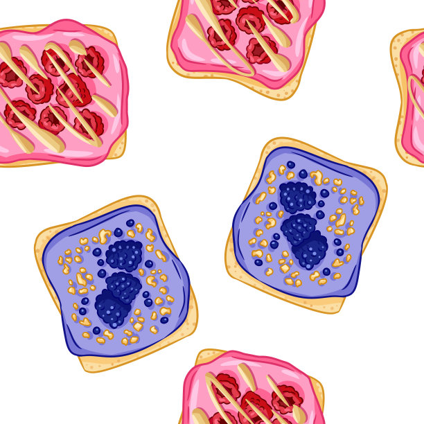 吐司面包三明治漫画风格无缝边界图案。蓝莓和覆盆子三明治，粉色墙纸。早餐食物背景纹理瓷砖图片下载