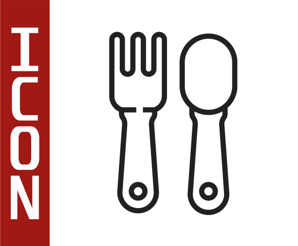 黑色线叉和勺子图标孤立在白色图片下载