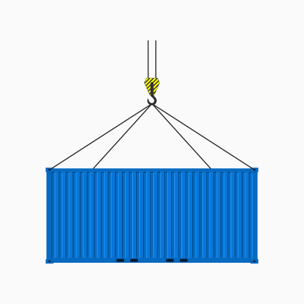 货物集装箱。起重机吊起蓝色集装箱。扁平式金属货运箱。向量图片下载