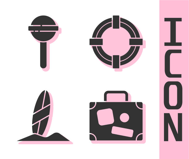 设置手提箱、棒棒糖、冲浪板和救生圈图片下载