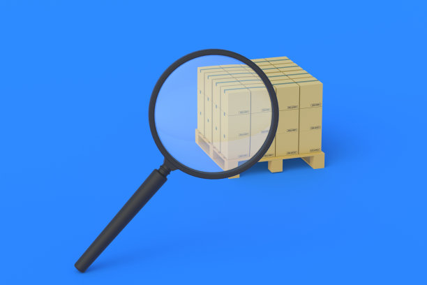 在放大镜附近的纸板箱。包跟踪。寻找运输公司。控制快递服务。出货质量检查。货运市场分析。三维渲染图片下载