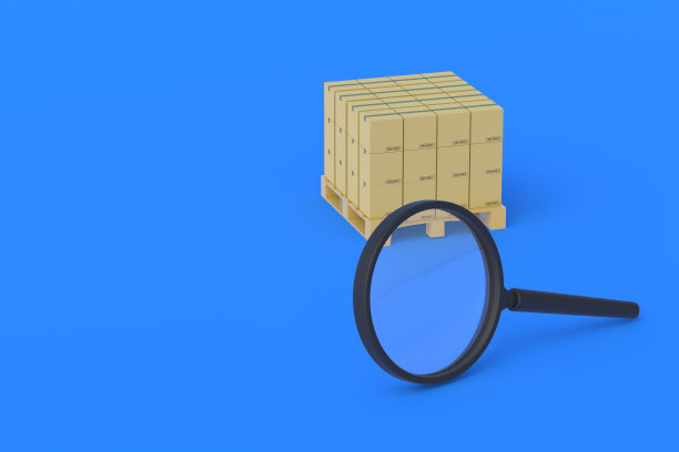 在放大镜附近的纸板箱。包跟踪。寻找运输公司。控制快递服务。出货质量检查。货运市场分析。三维渲染图片下载