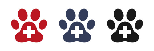 宠物急救图标集。狗或猫的爪印。医学交叉的象征。插图图片下载