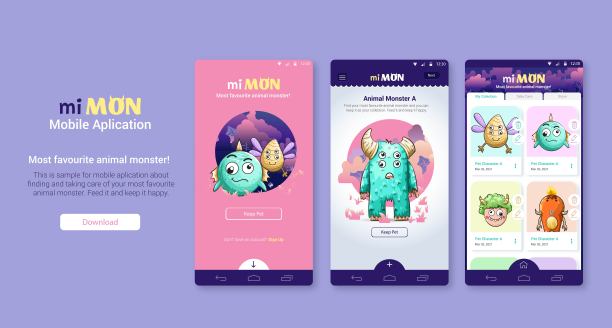 像网络游戏一样的手机应用模板来照顾和收集动物怪物和神话生物，完美的儿童插画来混合和搭配表达。制作一套怪物图标。用户界面，GUI设计元素。游戏应用程序。图片下载