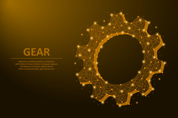 齿轮由点和线制成，机械工艺机械工程符号用金色多边形线框网格。向量图片下载