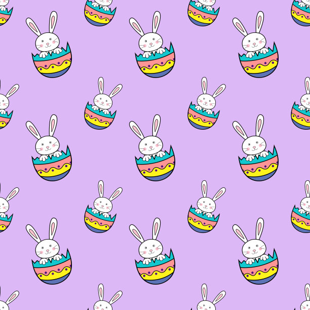 复活节快乐无缝图案与兔子蛋壳上的紫色背景插图。可爱的卡通人物。图片下载