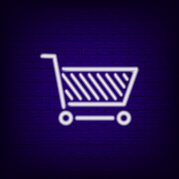 购物车霓虹灯。霓虹招牌广告，夜景出售和报价。向量图片下载