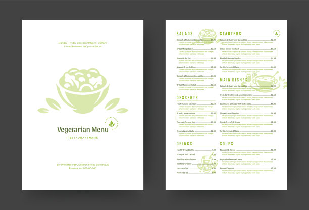 素食餐厅菜单布局设计宣传册或食物传单模板矢量插图图片下载