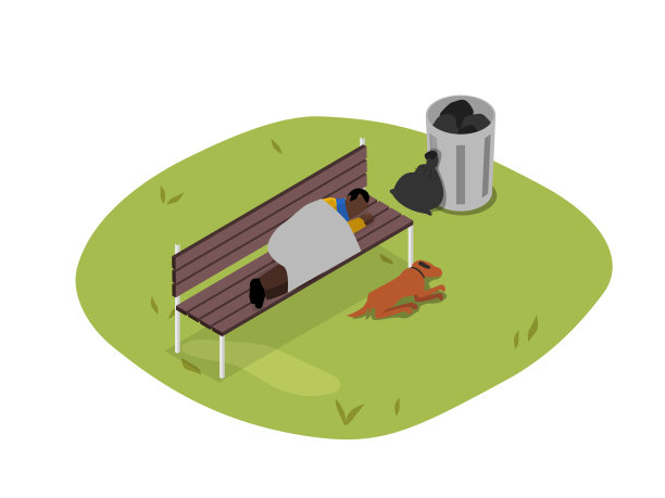 无家可归的男人和流浪狗睡在长凳上图片下载