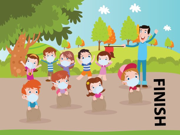 孩子们戴着口罩有一个麻袋赛跑矢量概念的旗帜，网站，插图，着陆页，传单等。图片下载