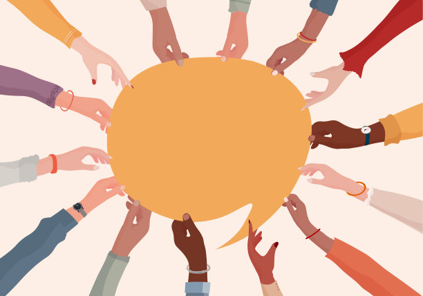 一群同事或合作者之间的协议或婚外情。手臂和手握着演讲泡泡。多样性交流信息的人。分享和交流的概念。社区图片下载