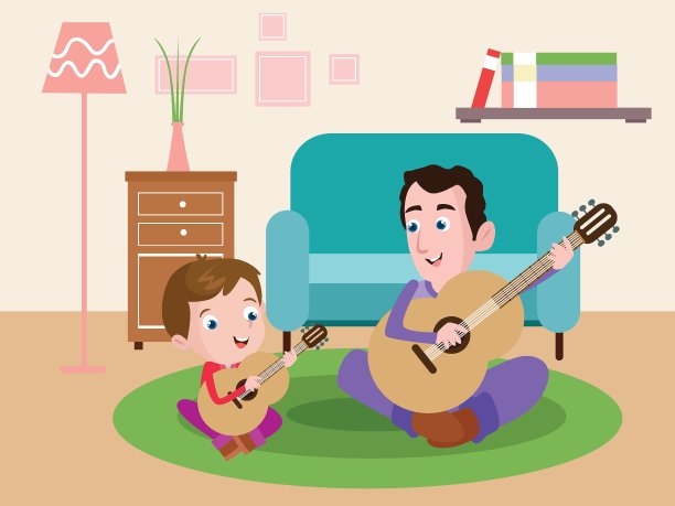 男孩和他的父亲在家里弹吉他图片下载