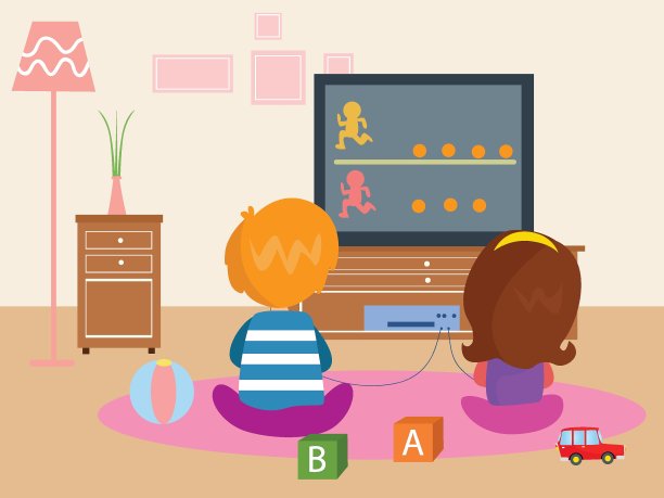 孩子们在家玩电子游戏的后视图图片下载