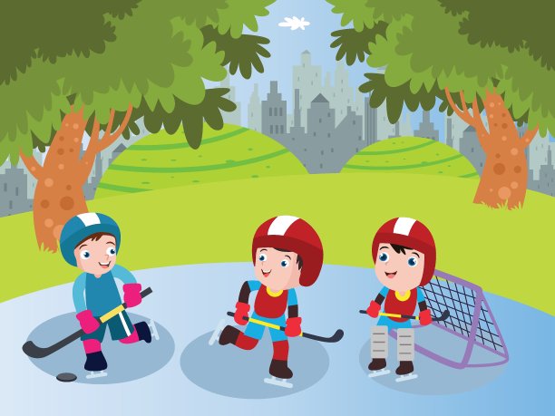 儿童卡通在操场上玩冰球图片下载