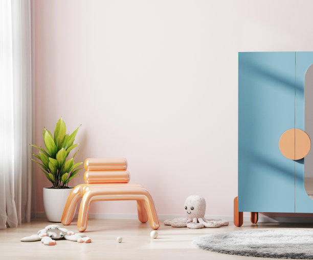 粉色儿童房室内模拟，时尚的儿童房室内，斯堪的纳维亚风格的托儿所，3d渲染图片下载