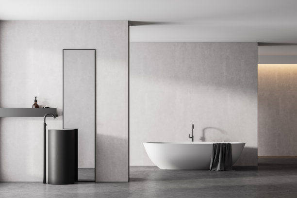 现代浴室内饰有白色浴缸和带有矩形垂直镜子的大理石水槽，采用生态极简风格，混凝土地板和墙壁。没有人。三维渲染图片下载